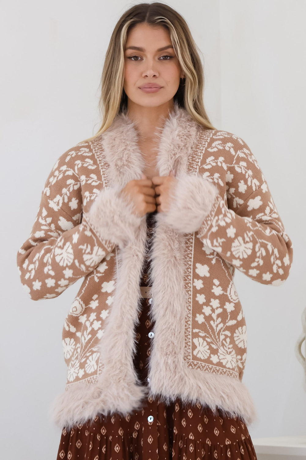 Wolfe Jacket - Faux Fur Trim Open Knit Jacket in Camel
