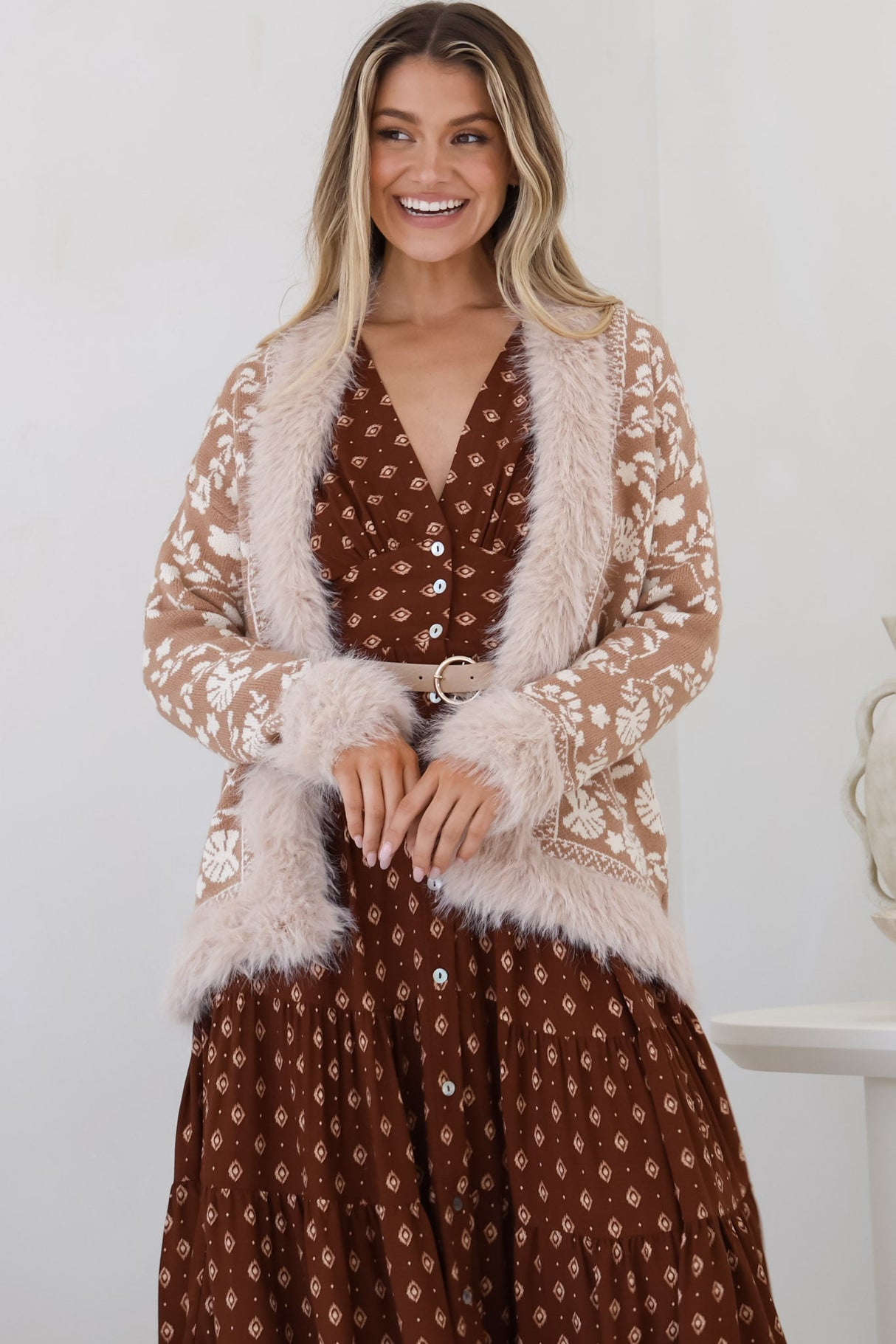 Wolfe Jacket - Faux Fur Trim Open Knit Jacket in Camel