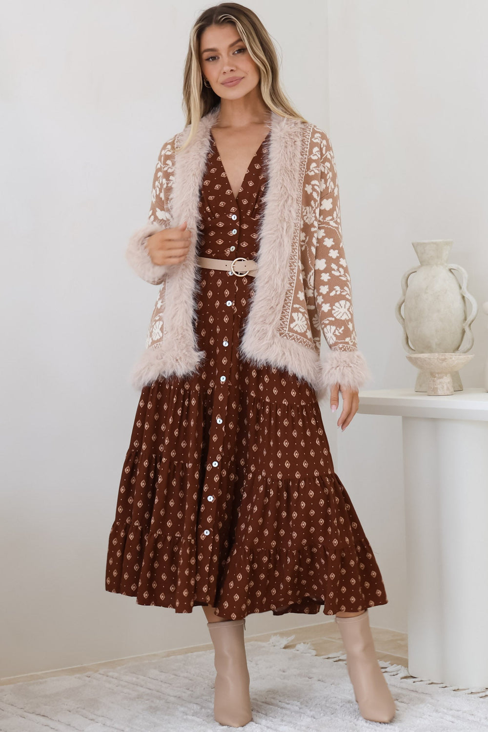 Wolfe Jacket - Faux Fur Trim Open Knit Jacket in Camel