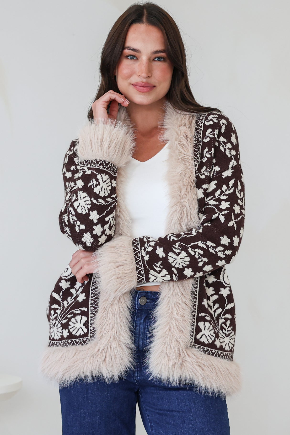 Wolfe Jacket - Faux Fur Trim Open Knit Jacket in Chocolate