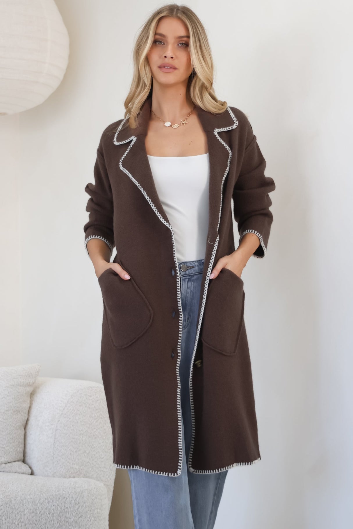 Wrenley Cardigan - Collared Contrast Stitching Buttoned Cardigan in Chocolate