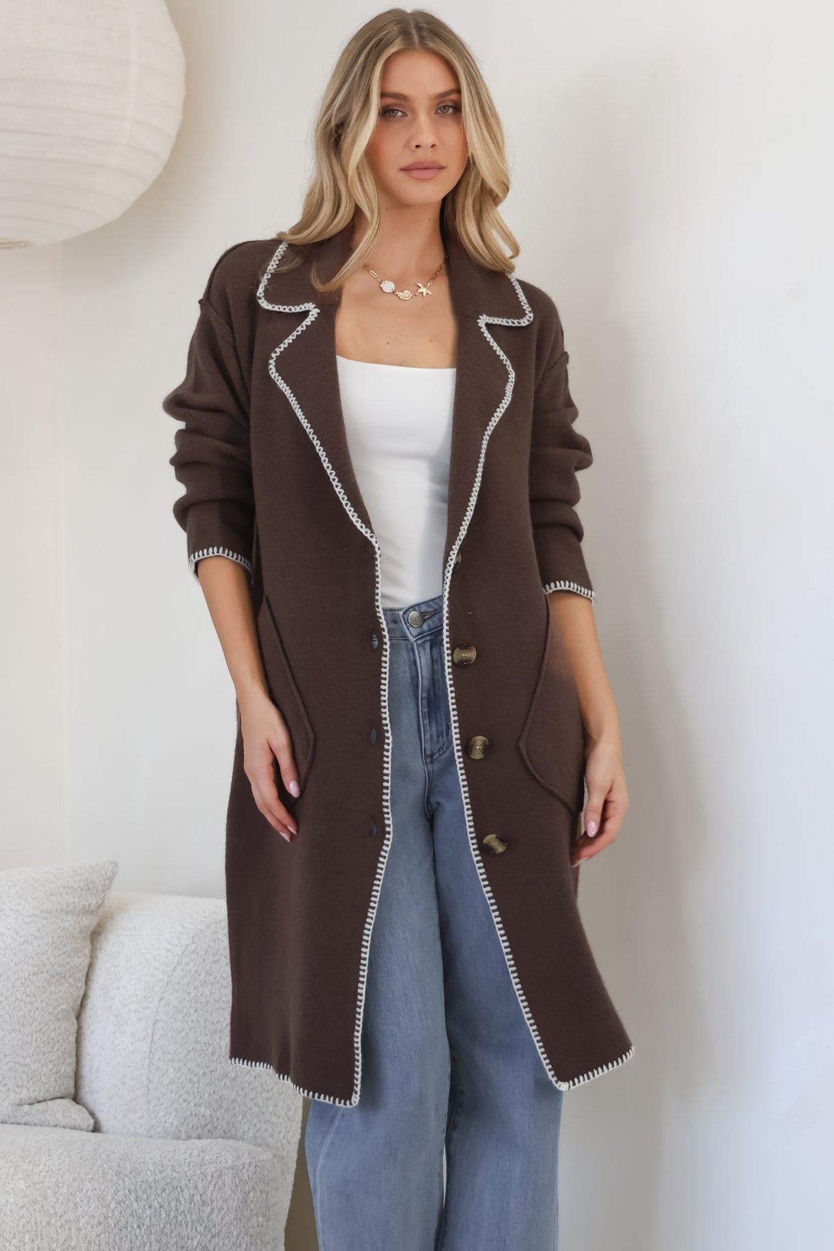Wrenley Cardigan - Collared Contrast Stitching Buttoned Cardigan in Chocolate