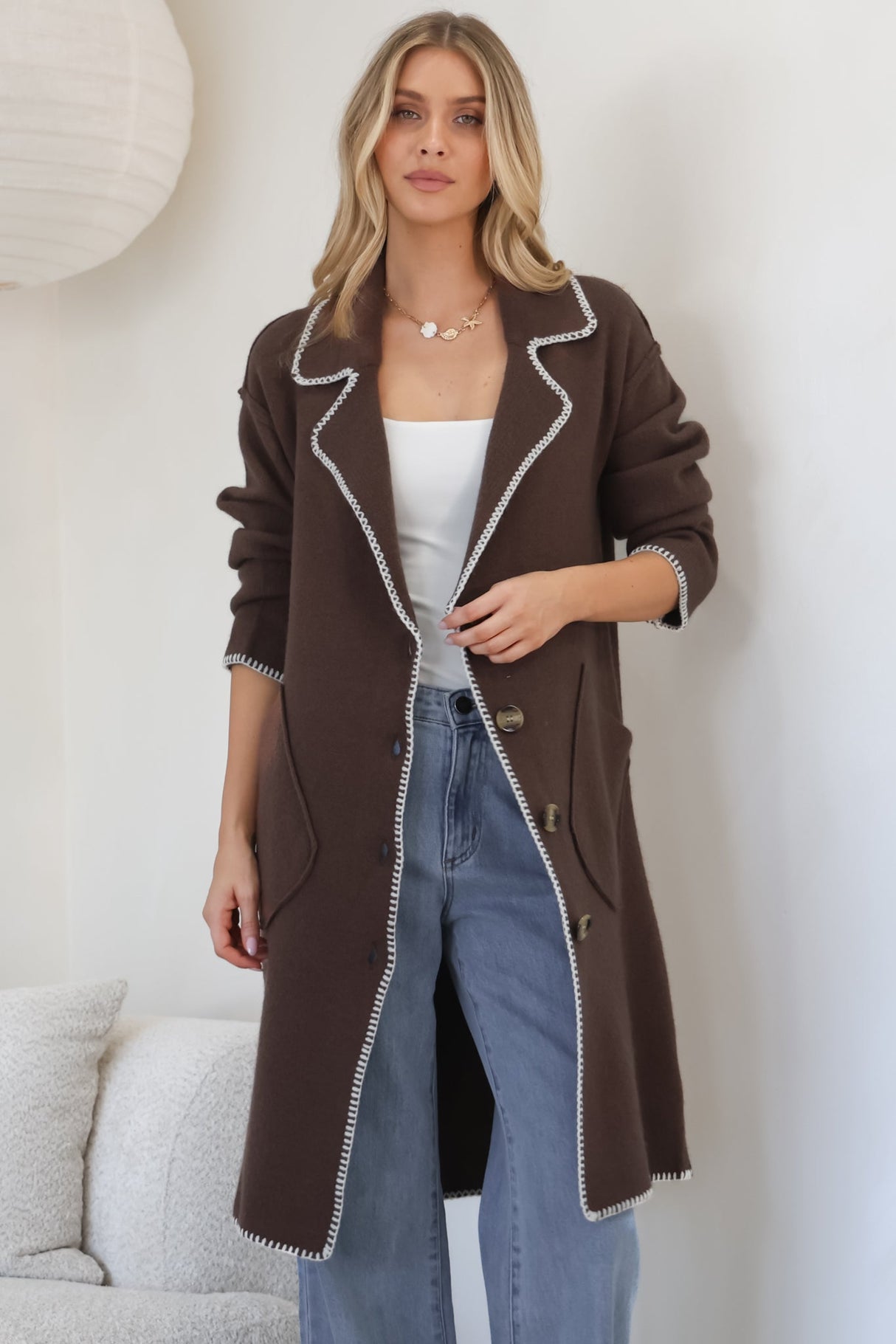 Wrenley Cardigan - Collared Contrast Stitching Buttoned Cardigan in Chocolate