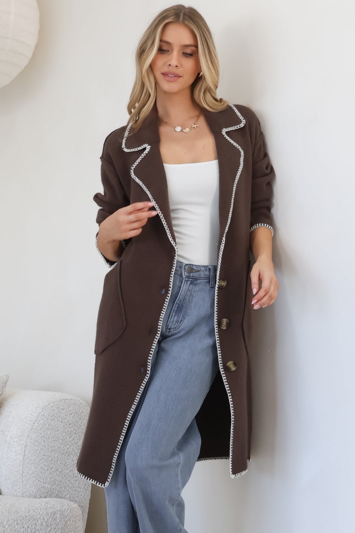 Wrenley Cardigan - Collared Contrast Stitching Buttoned Cardigan in Chocolate