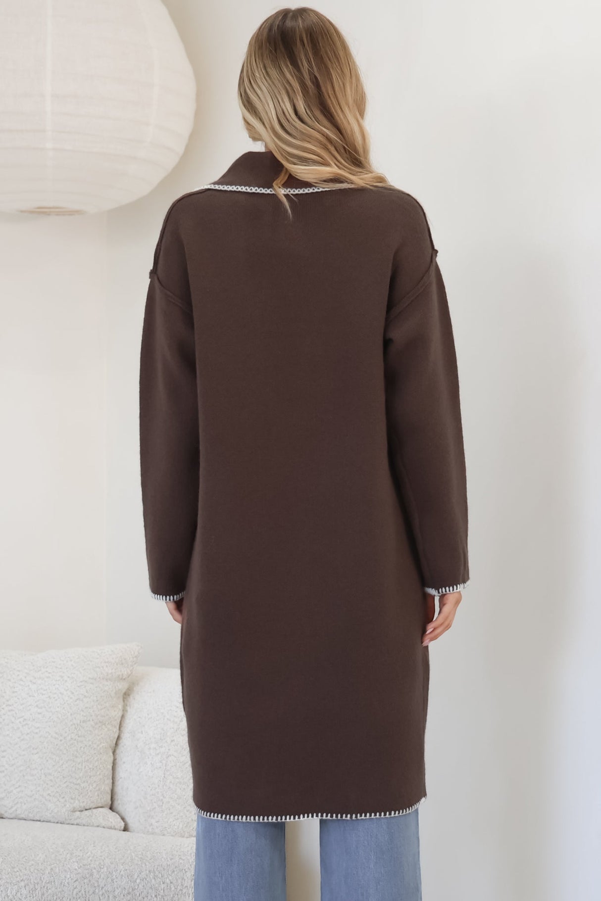 Wrenley Cardigan - Collared Contrast Stitching Buttoned Cardigan in Chocolate