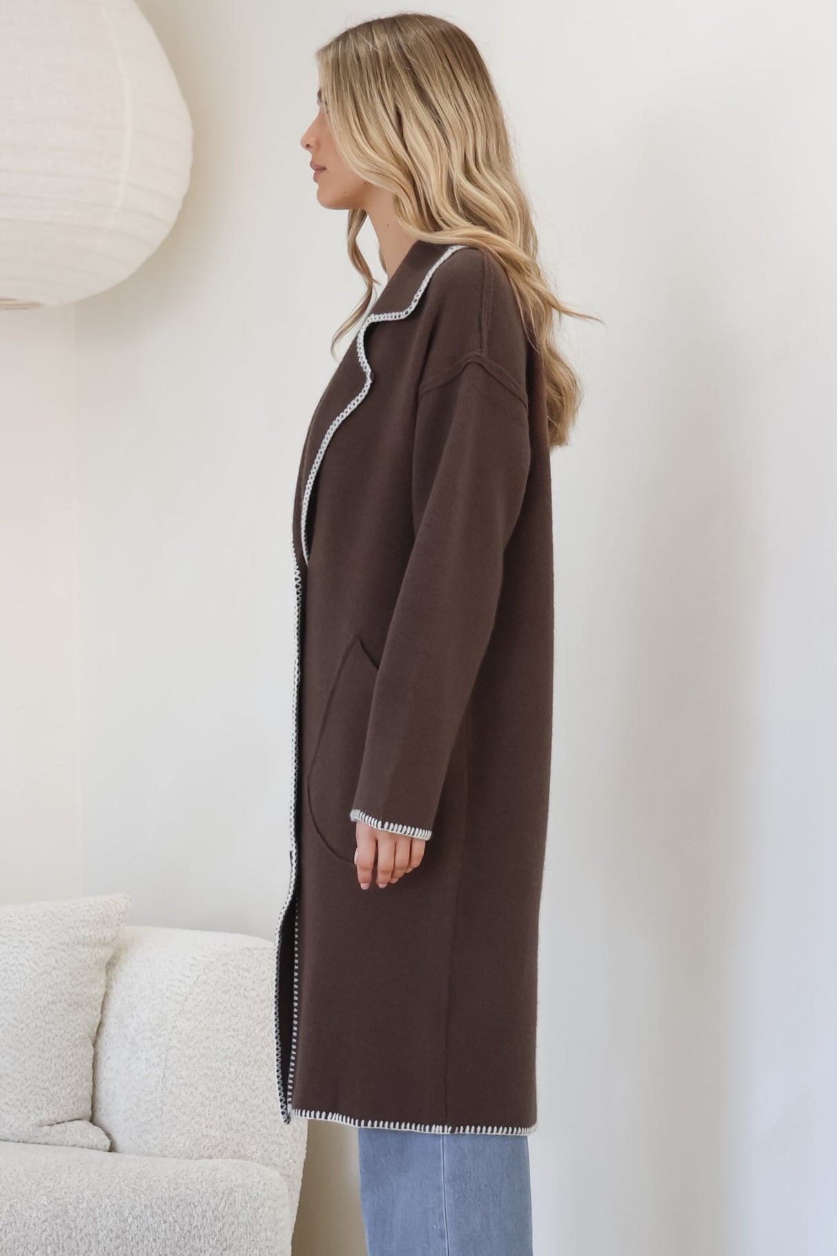 Wrenley Cardigan - Collared Contrast Stitching Buttoned Cardigan in Chocolate