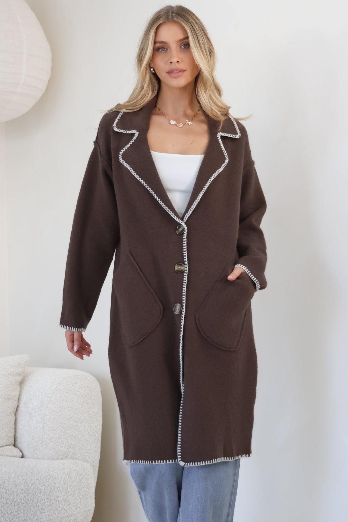 Wrenley Cardigan - Collared Contrast Stitching Buttoned Cardigan in Chocolate