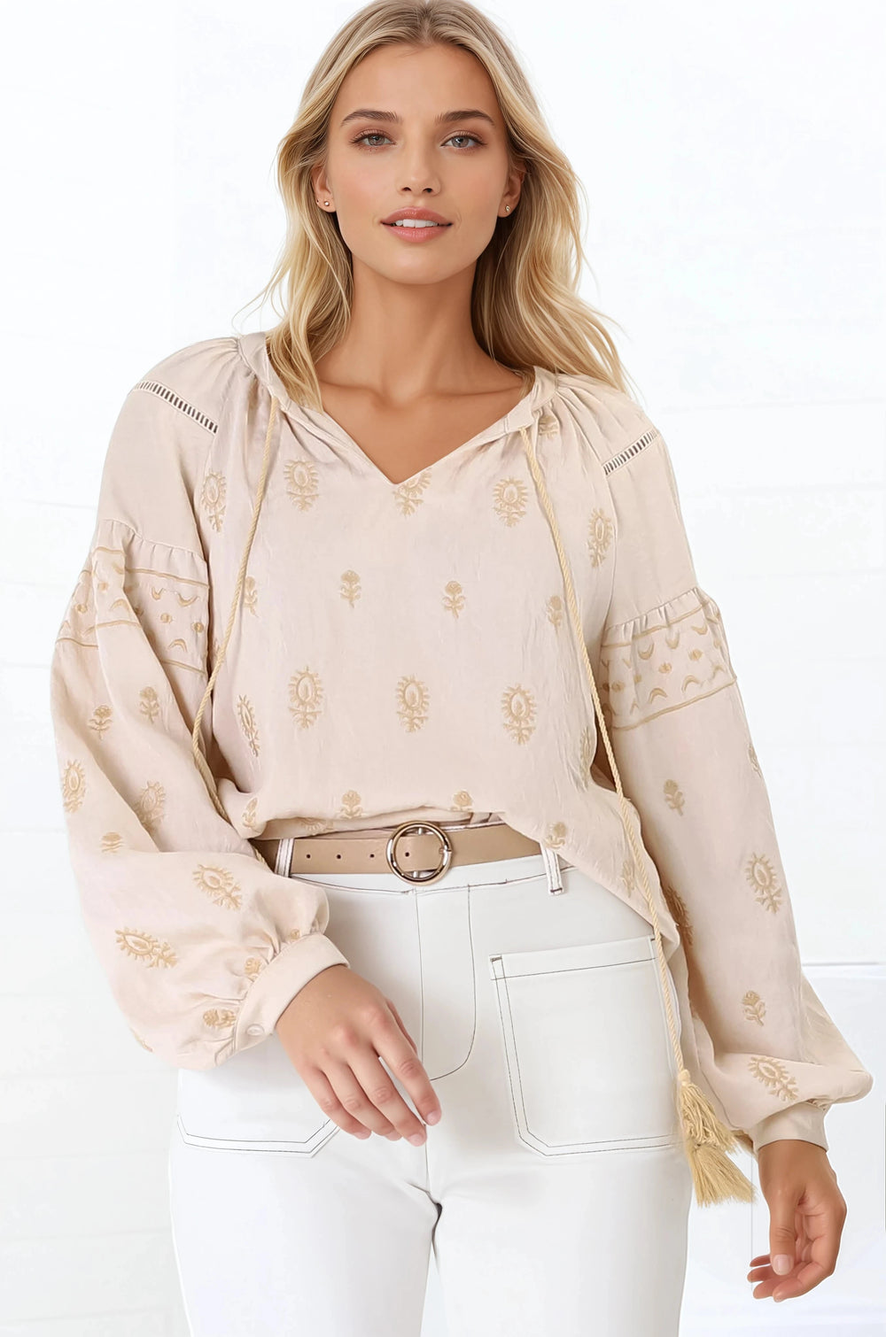Wrenlow Blouse - Embroidery Mandarin Collar with Neck Tie Pull Over Blouse in Beige