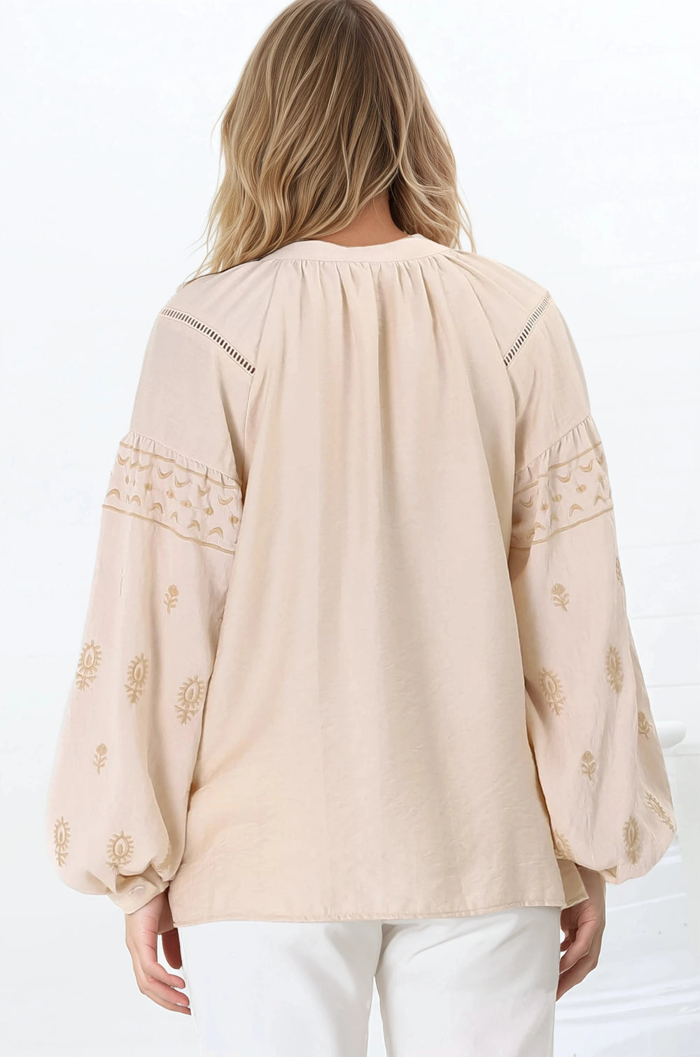 Wrenlow Blouse - Embroidery Mandarin Collar with Neck Tie Pull Over Blouse in Beige
