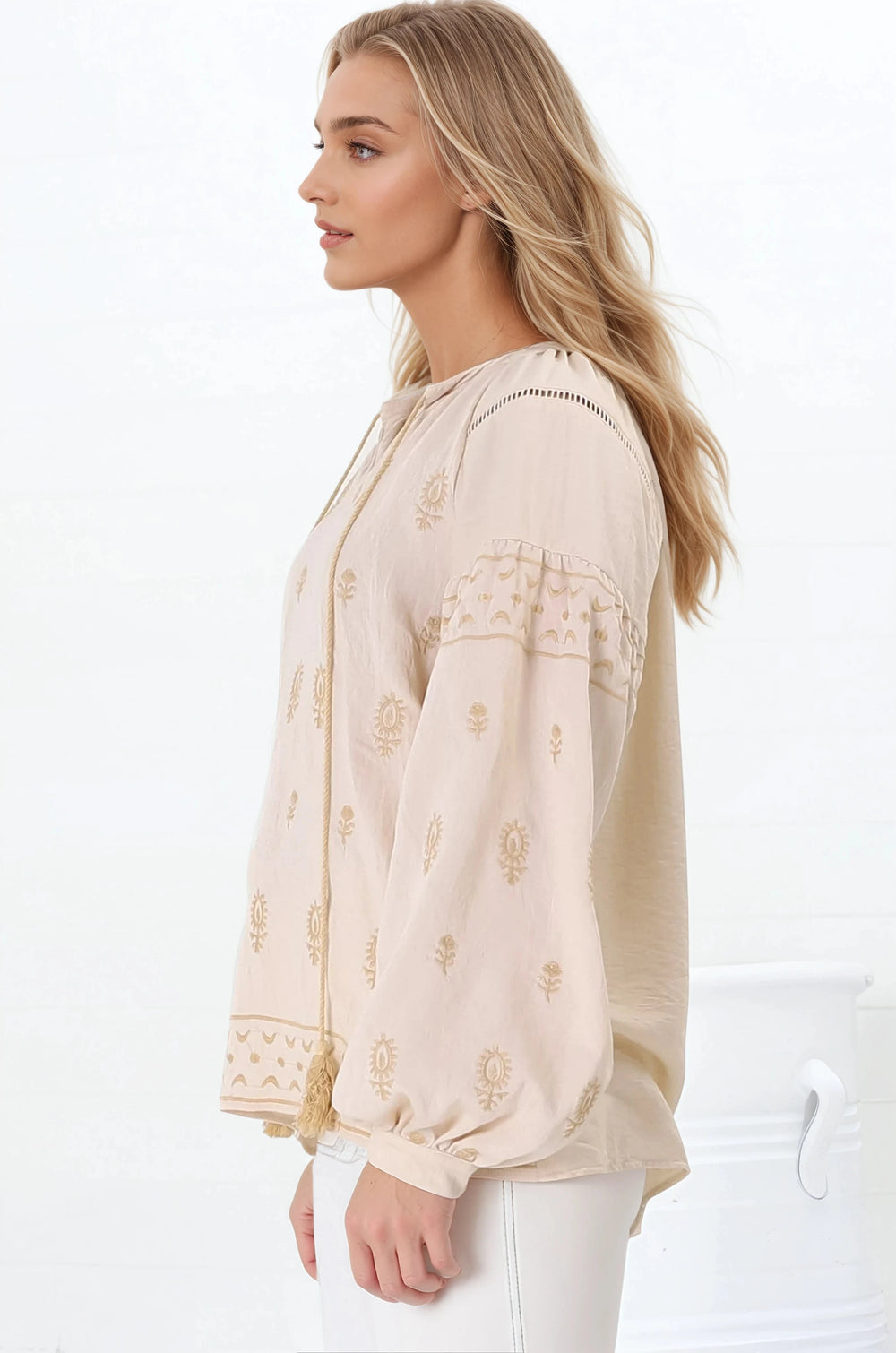 Wrenlow Blouse - Embroidery Mandarin Collar with Neck Tie Pull Over Blouse in Beige