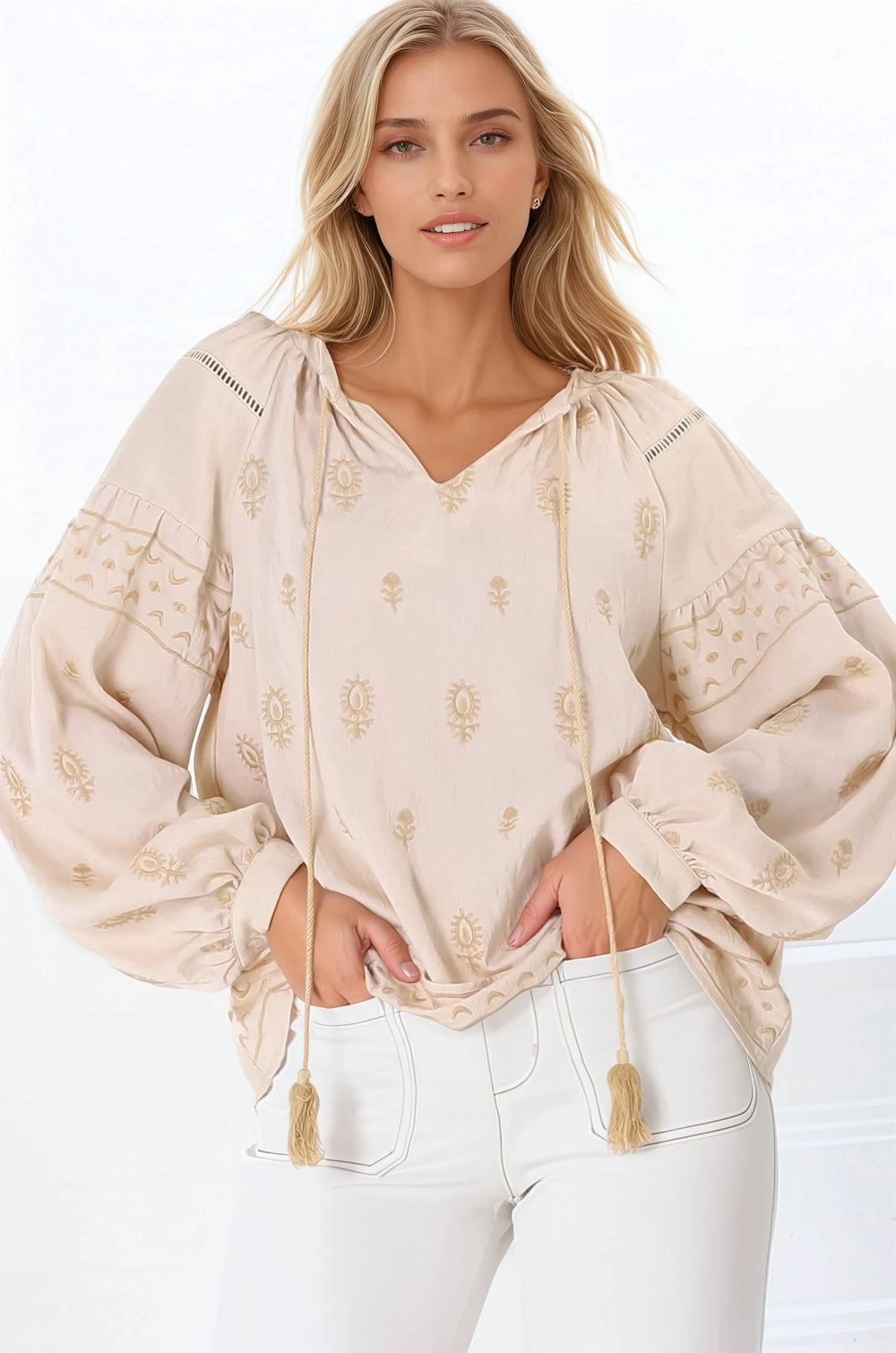Wrenlow Blouse - Embroidery Mandarin Collar with Neck Tie Pull Over Blouse in Beige