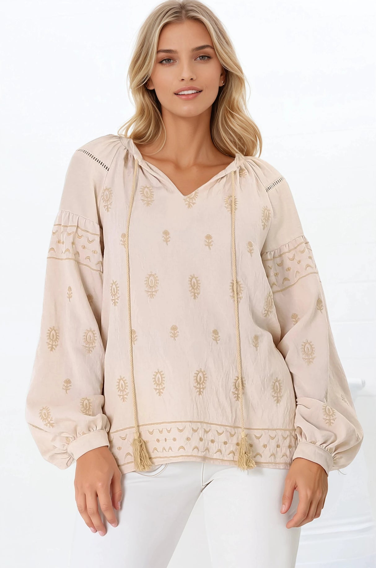 Wrenlow Blouse - Embroidery Mandarin Collar with Neck Tie Pull Over Blouse in Beige