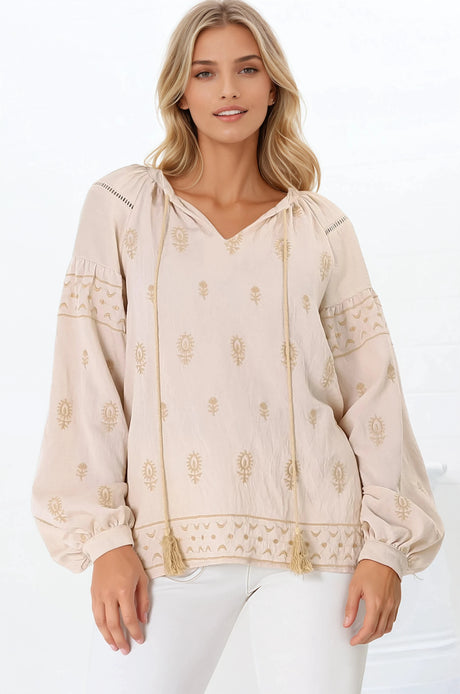 Wrenlow Blouse - Embroidery Mandarin Collar with Neck Tie Pull Over Blouse in Beige