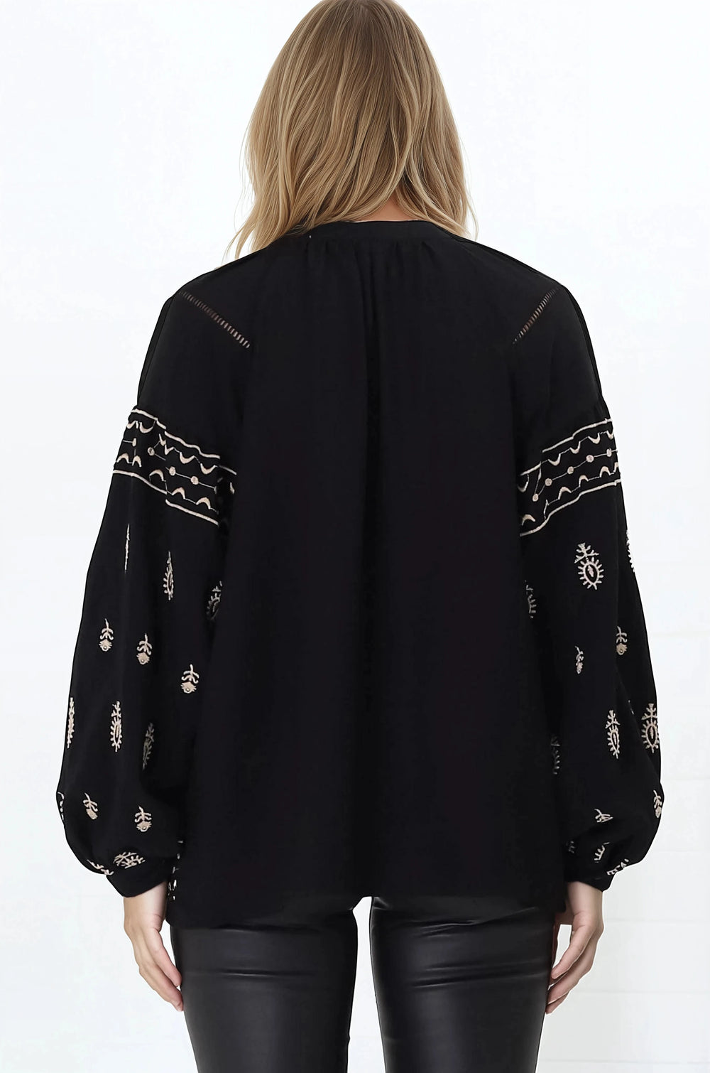 Wrenlow Blouse - Embroidery Mandarin Collar with Neck Tie Pull Over Blouse in Black