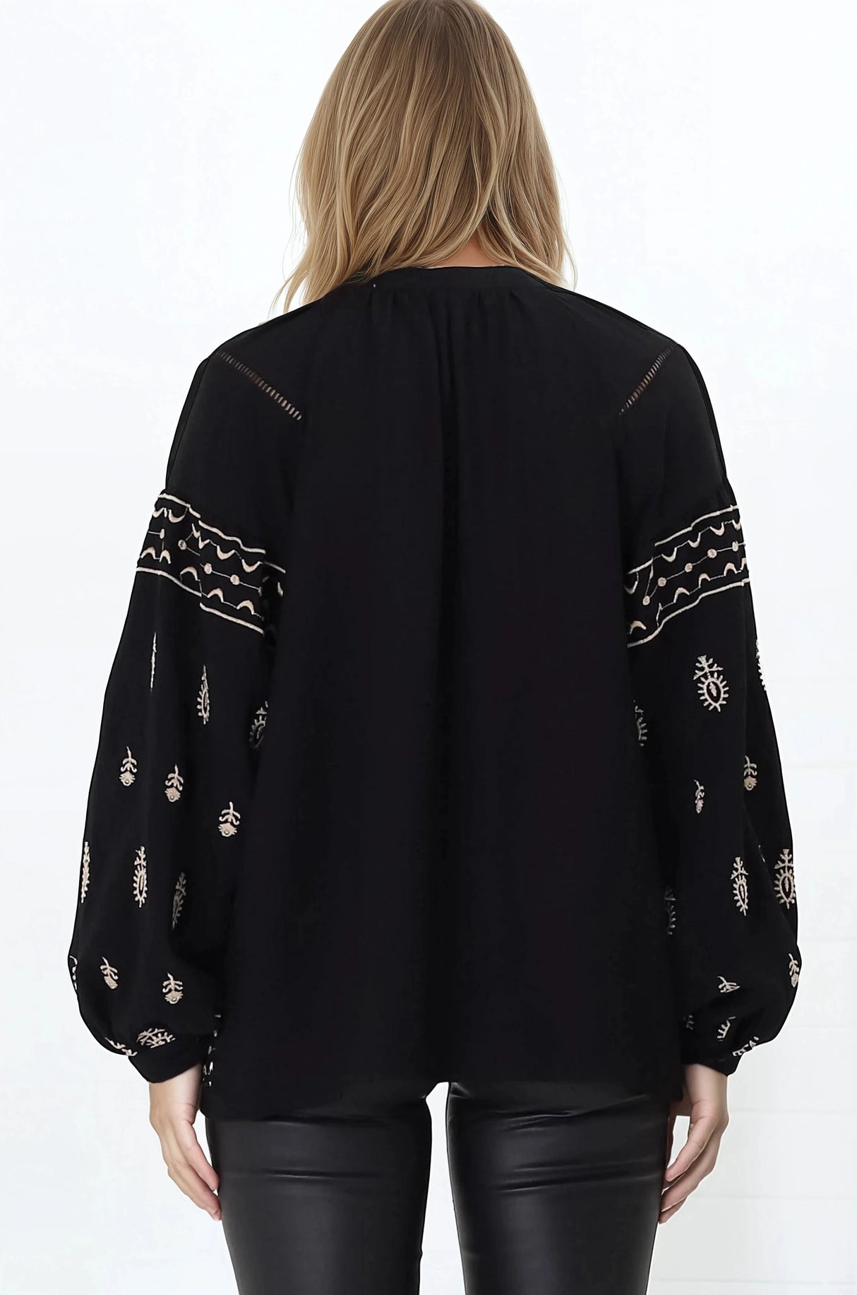 Wrenlow Blouse - Embroidery Mandarin Collar with Neck Tie Pull Over Blouse in Black