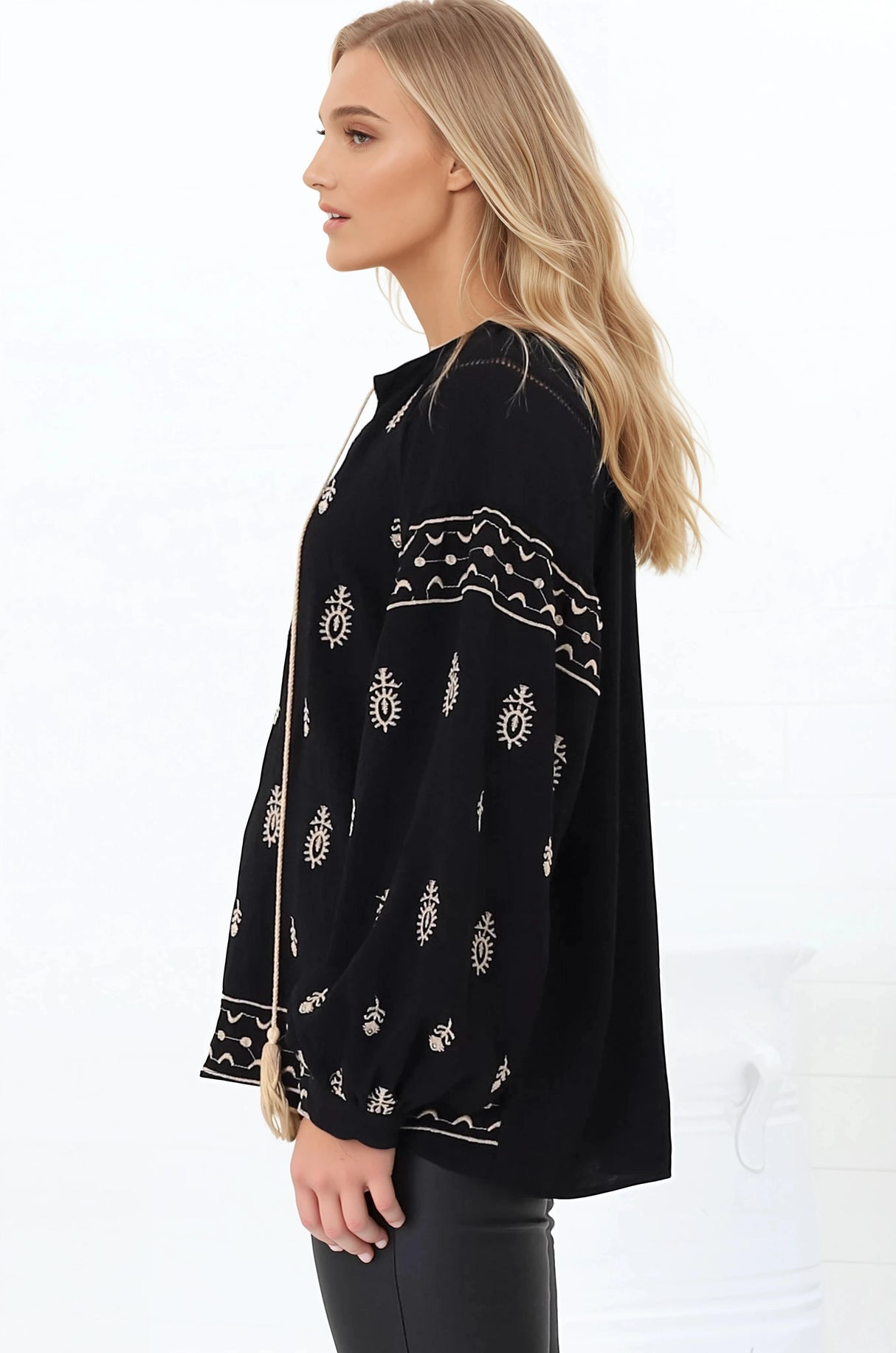Wrenlow Blouse - Embroidery Mandarin Collar with Neck Tie Pull Over Blouse in Black
