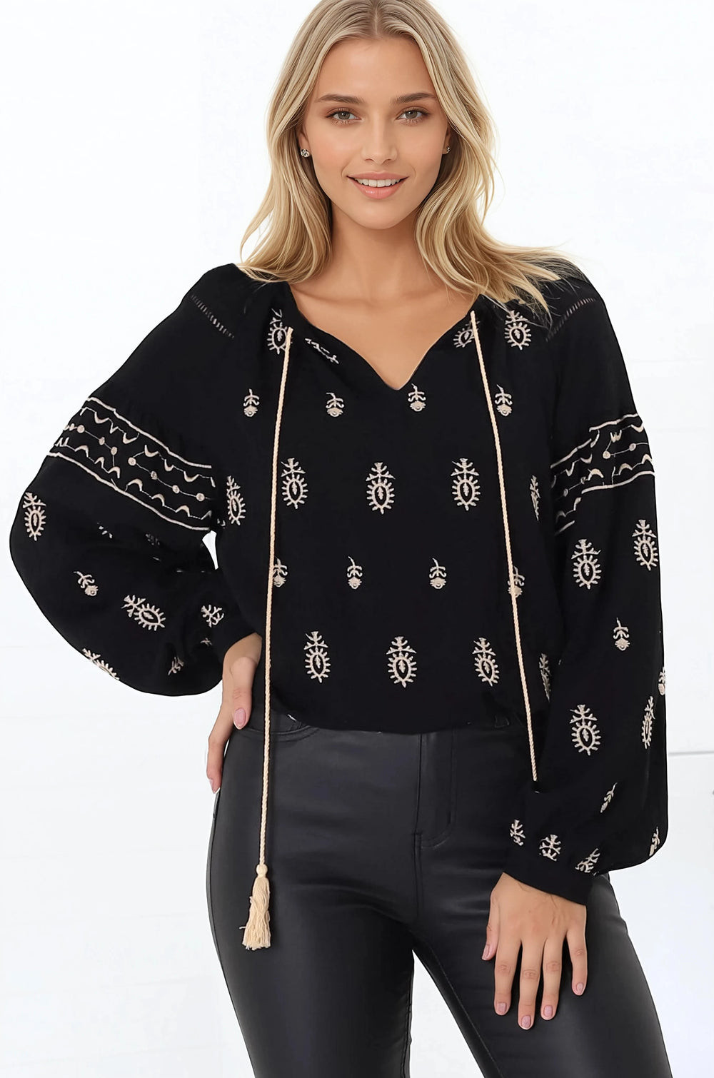 Wrenlow Blouse - Embroidery Mandarin Collar with Neck Tie Pull Over Blouse in Black