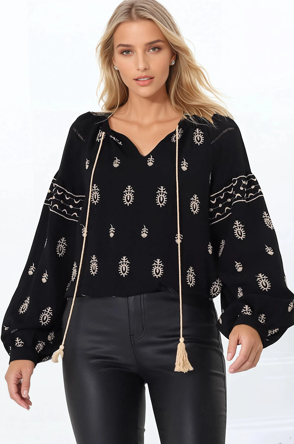Wrenlow Blouse - Embroidery Mandarin Collar with Neck Tie Pull Over Blouse in Black
