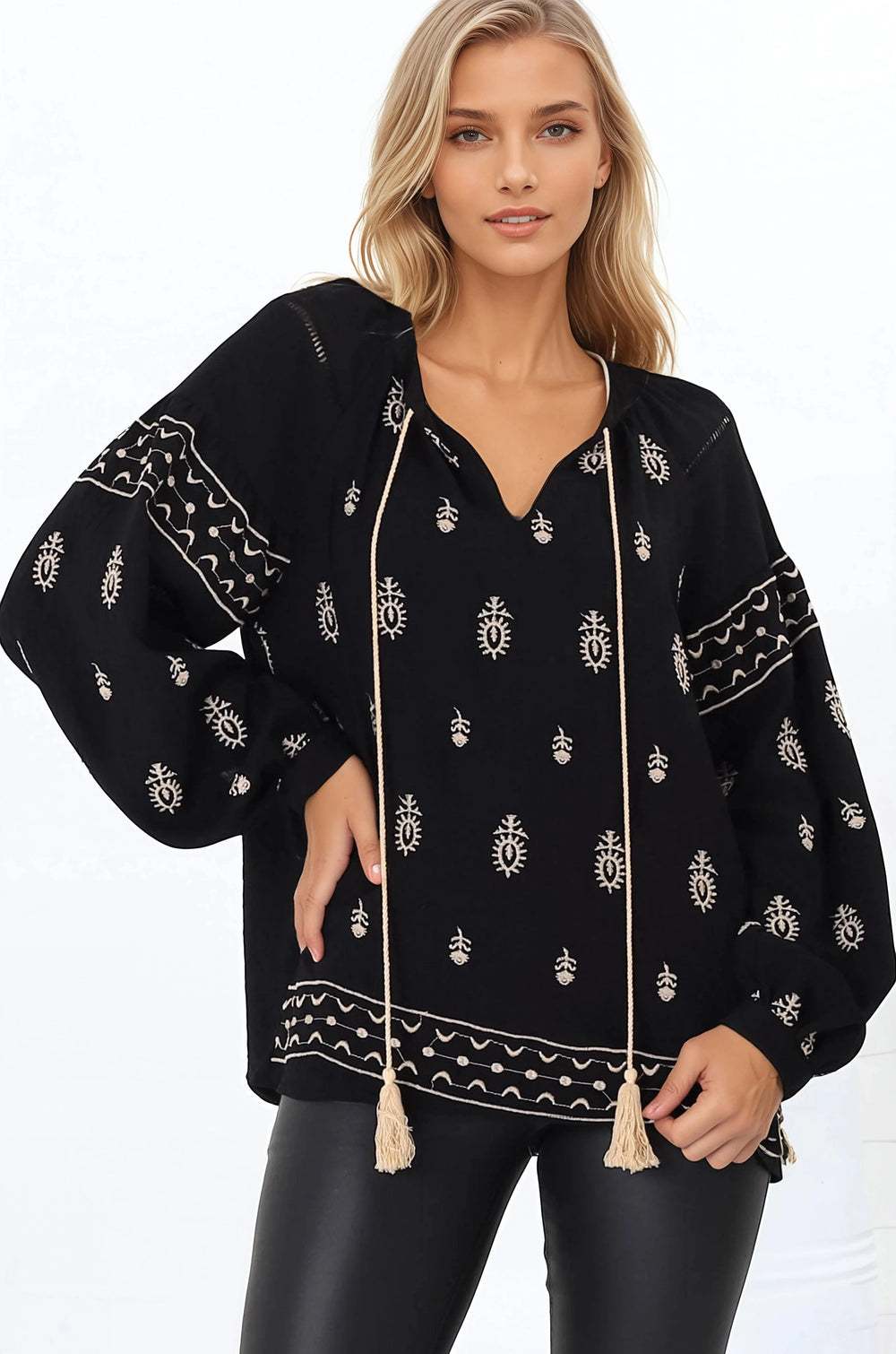 Wrenlow Blouse - Embroidery Mandarin Collar with Neck Tie Pull Over Blouse in Black