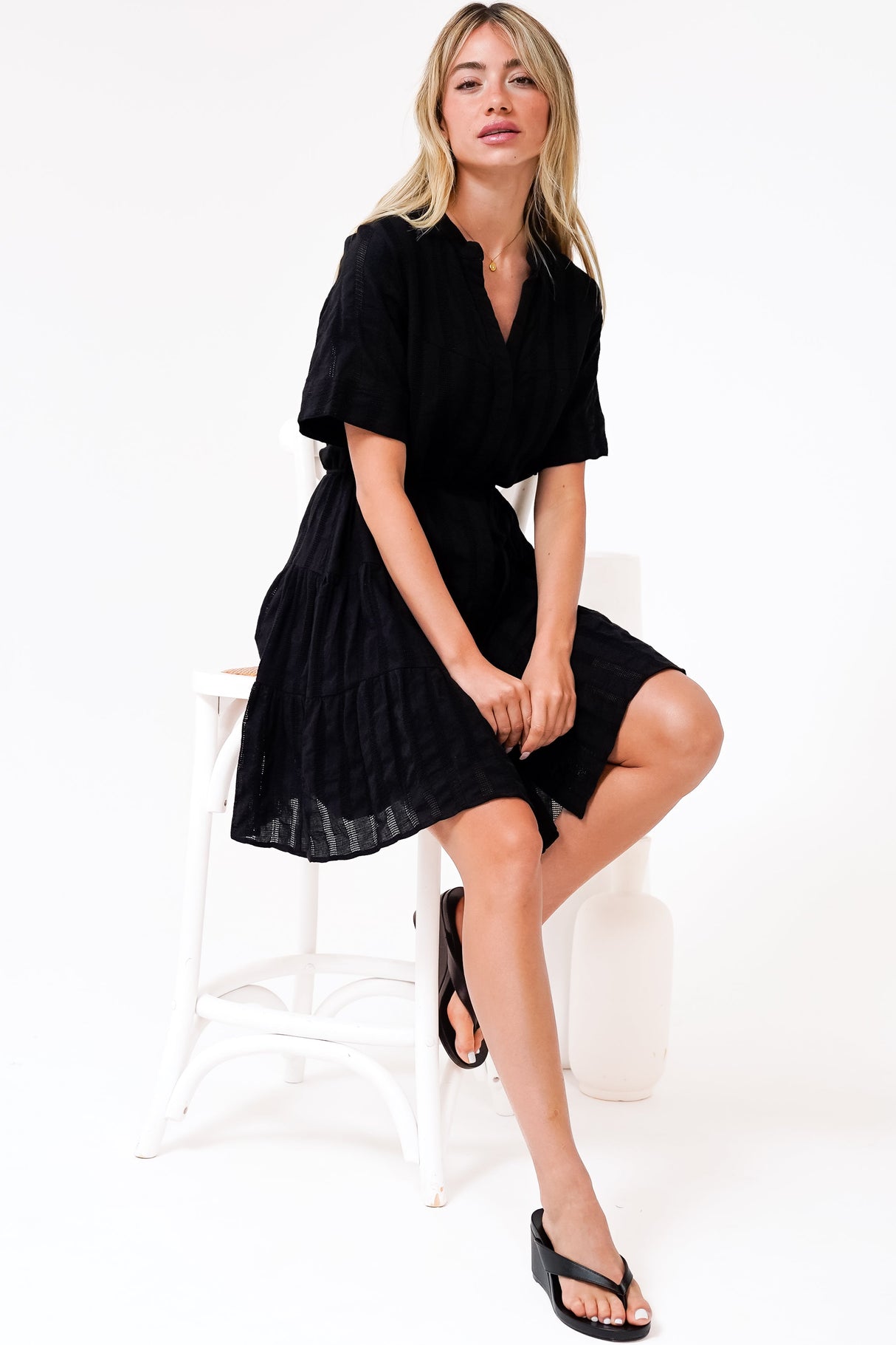 Wyanna Mini Dress - Mandarin Collar Button Down Tiered Dress with Waist Tie in Black