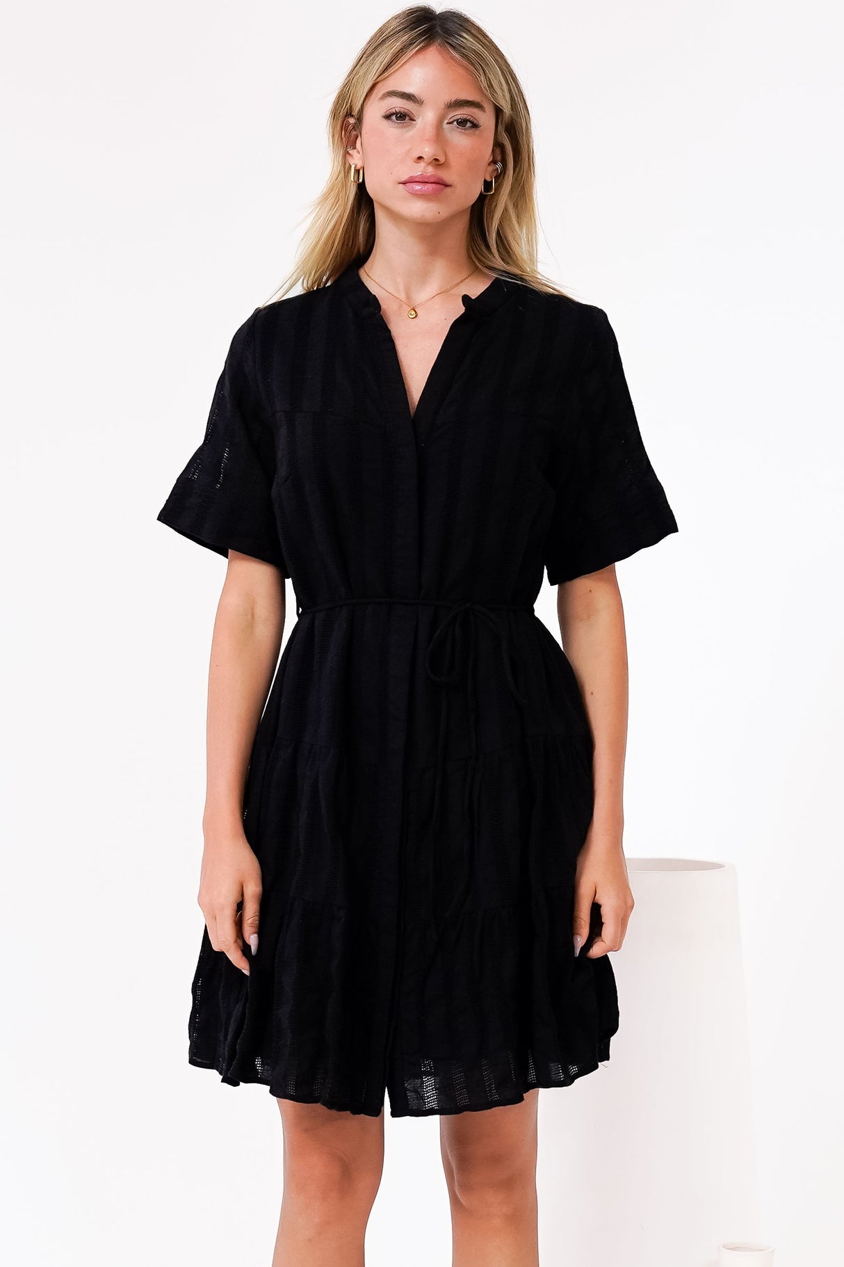 Wyanna Mini Dress - Mandarin Collar Button Down Tiered Dress with Waist Tie in Black