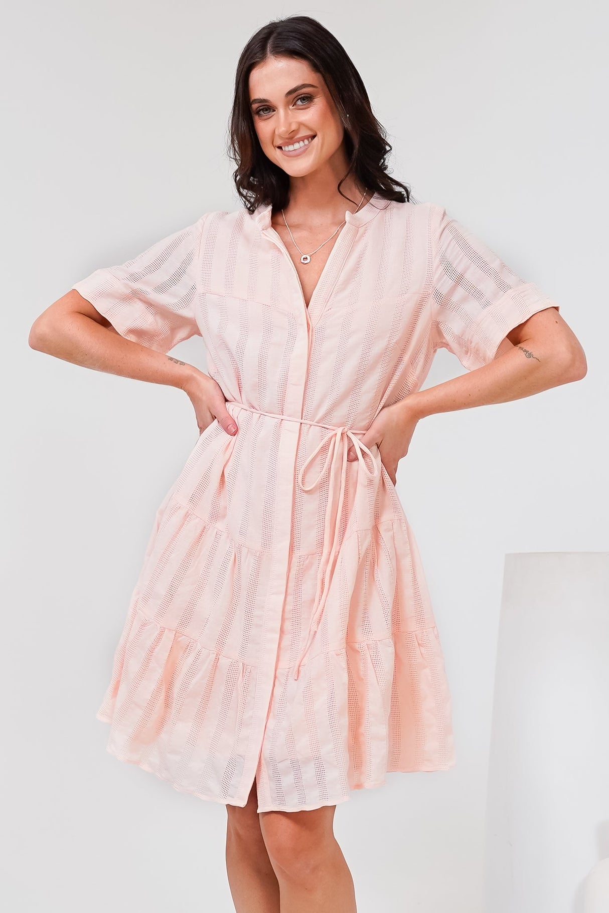 Wyanna Mini Dress - Mandarin Collar Button Down Tiered Dress with Waist Tie in Peach