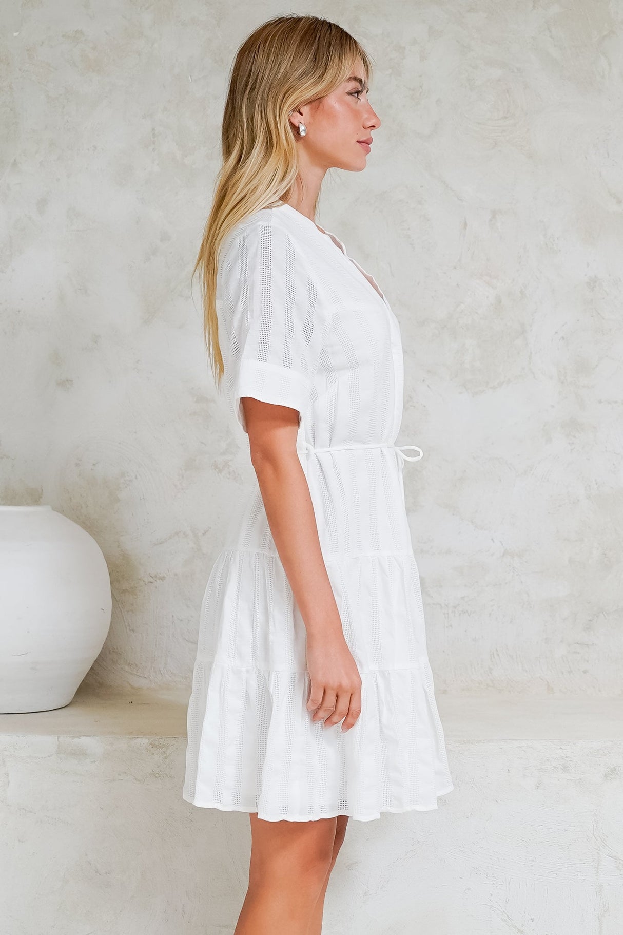 Wyanna Mini Dress - Mandarin Collar Button Down Tiered Dress with Waist Tie in White