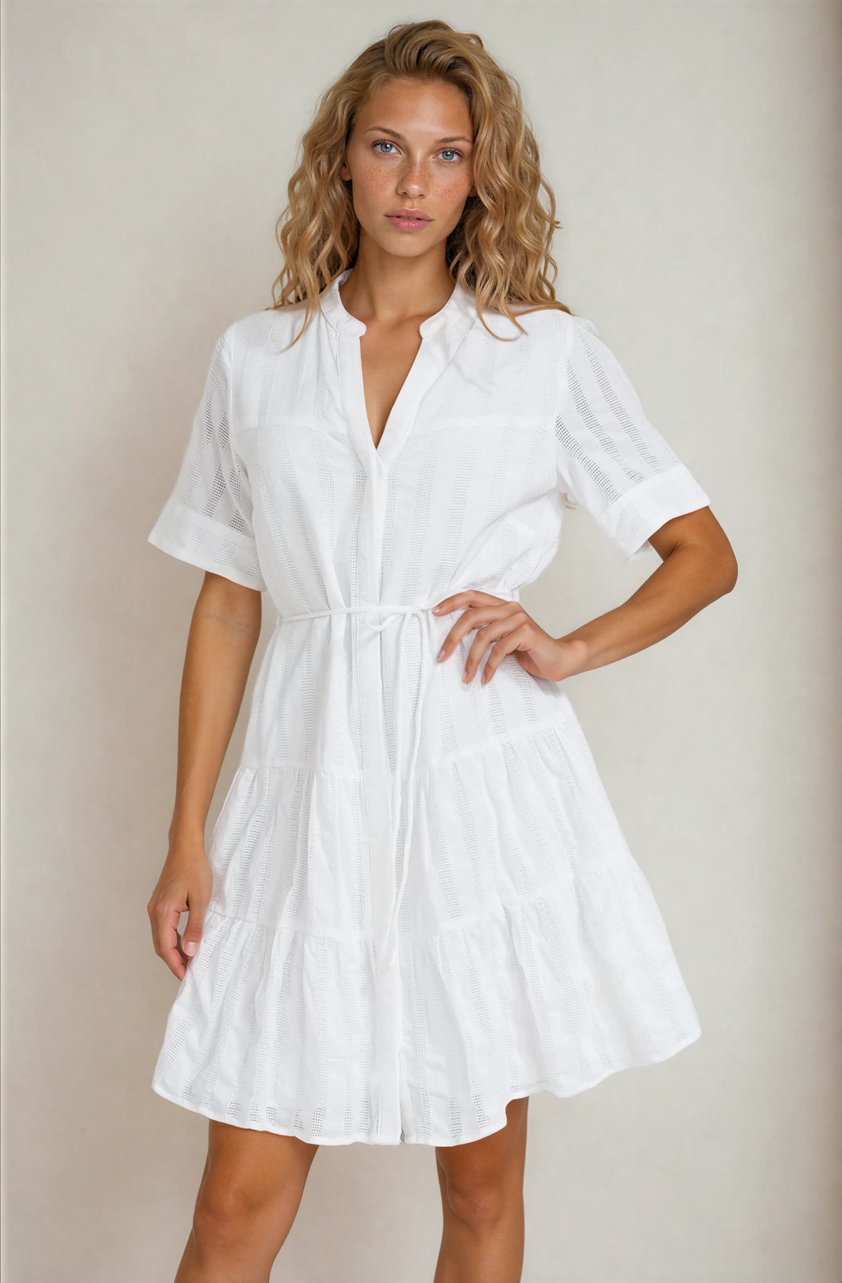 Wyanna Mini Dress - Mandarin Collar Button Down Tiered Dress with Waist Tie in White