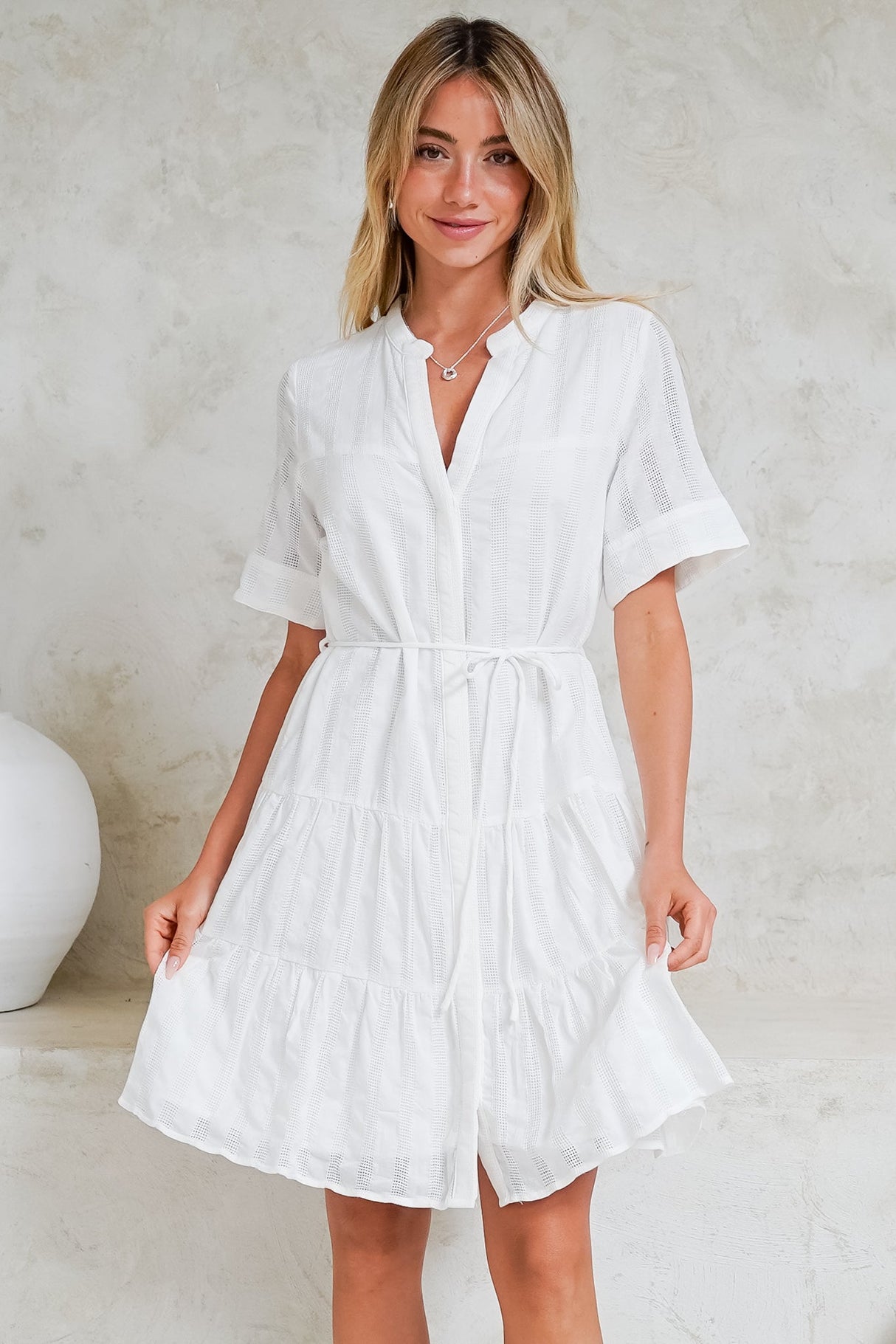 Wyanna Mini Dress - Mandarin Collar Button Down Tiered Dress with Waist Tie in White