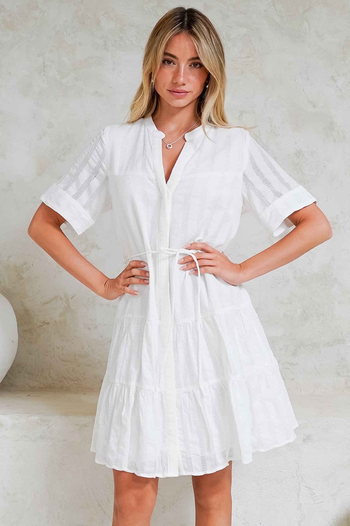 Wyanna Mini Dress - Mandarin Collar Button Down Tiered Dress with Waist Tie in White