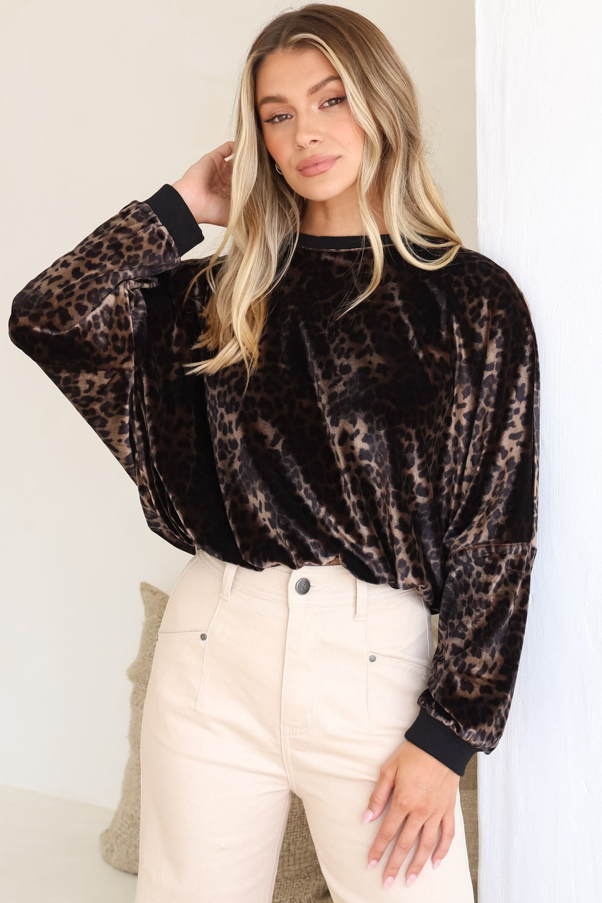 Wylder Jumper - Crew Neck Velvet Elasticated Hem Crop Jumper in Leopard Print
