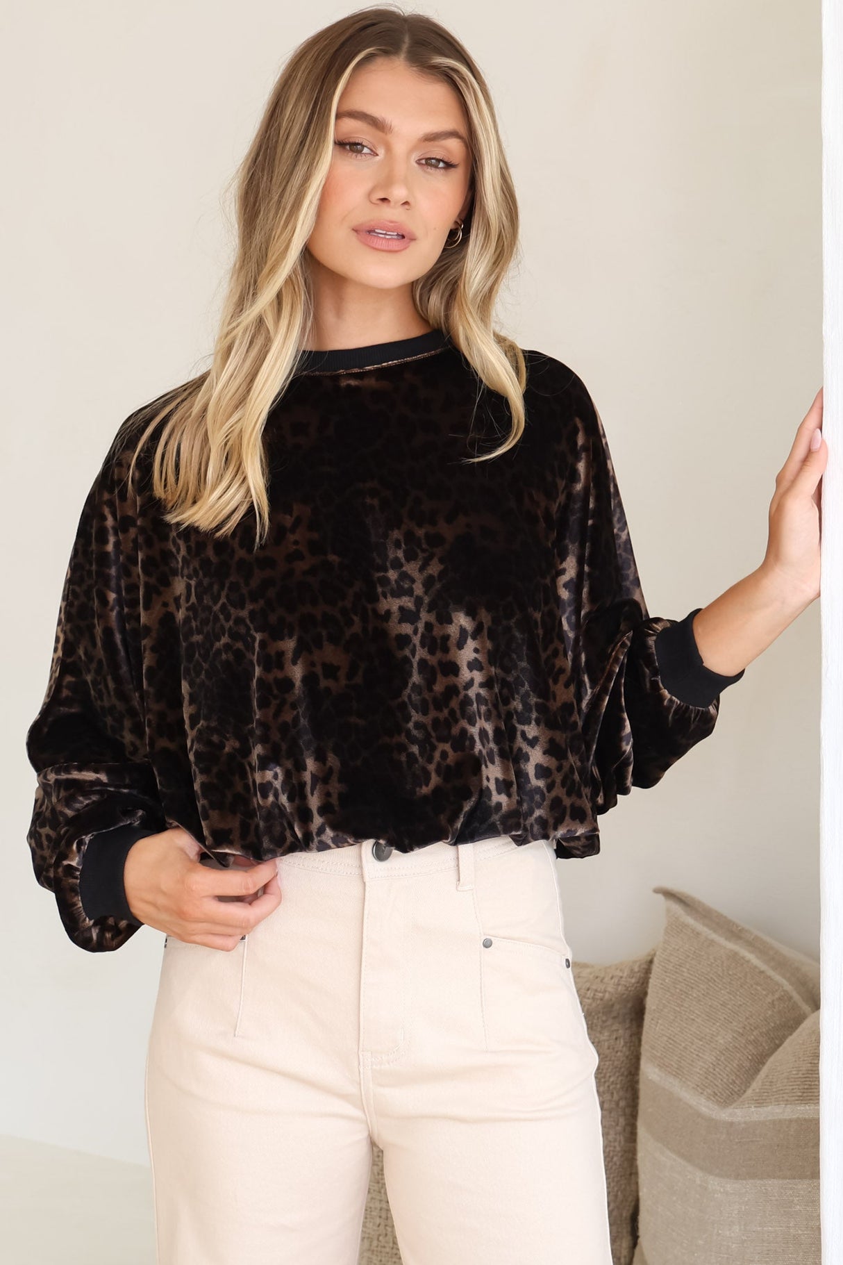 Wylder Jumper - Crew Neck Velvet Elasticated Hem Crop Jumper in Leopard Print
