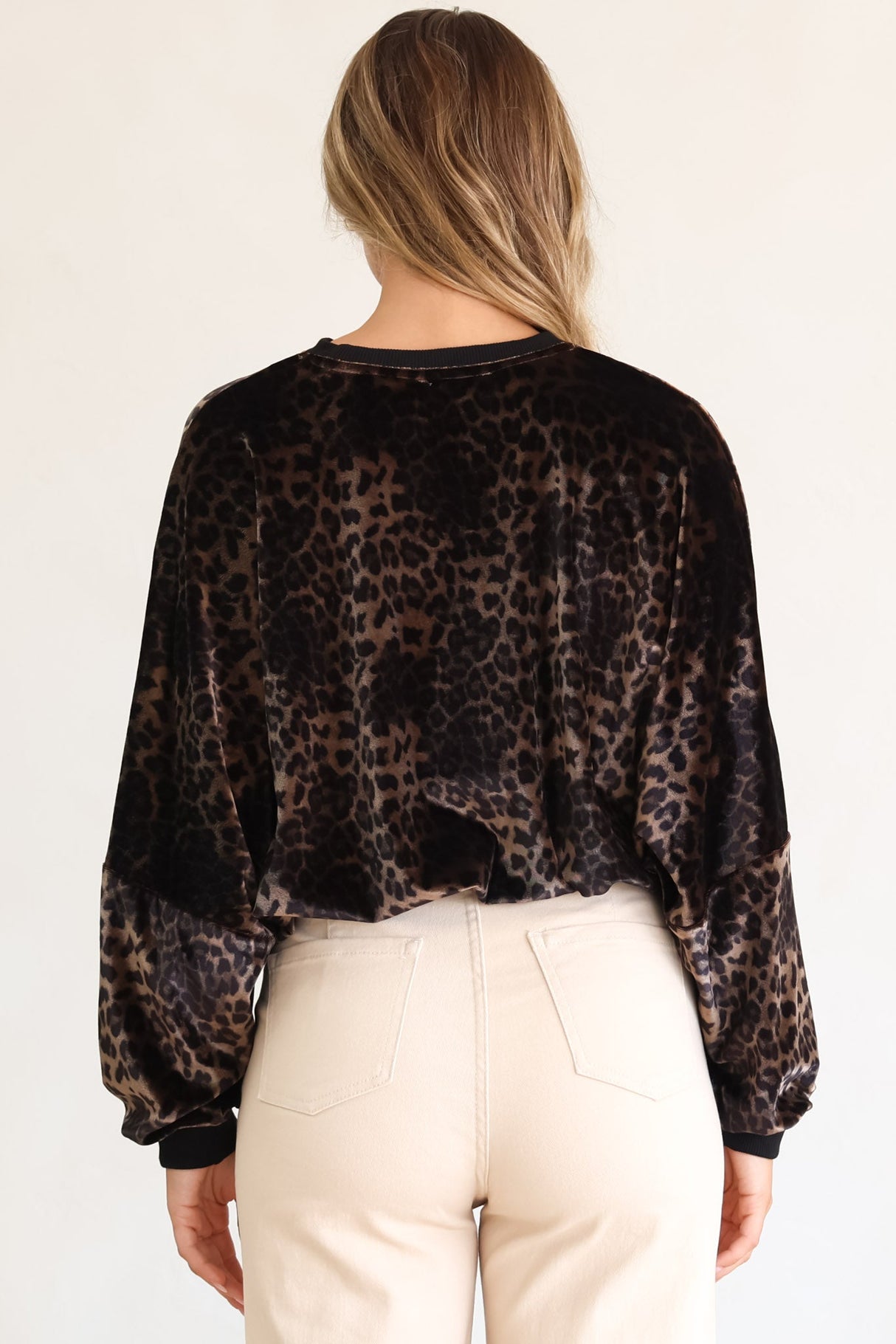 Wylder Jumper - Crew Neck Velvet Elasticated Hem Crop Jumper in Leopard Print
