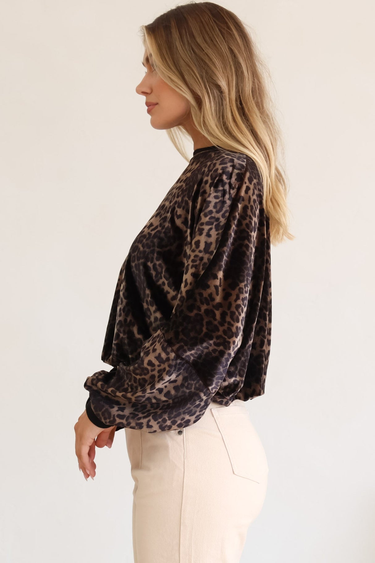 Wylder Jumper - Crew Neck Velvet Elasticated Hem Crop Jumper in Leopard Print