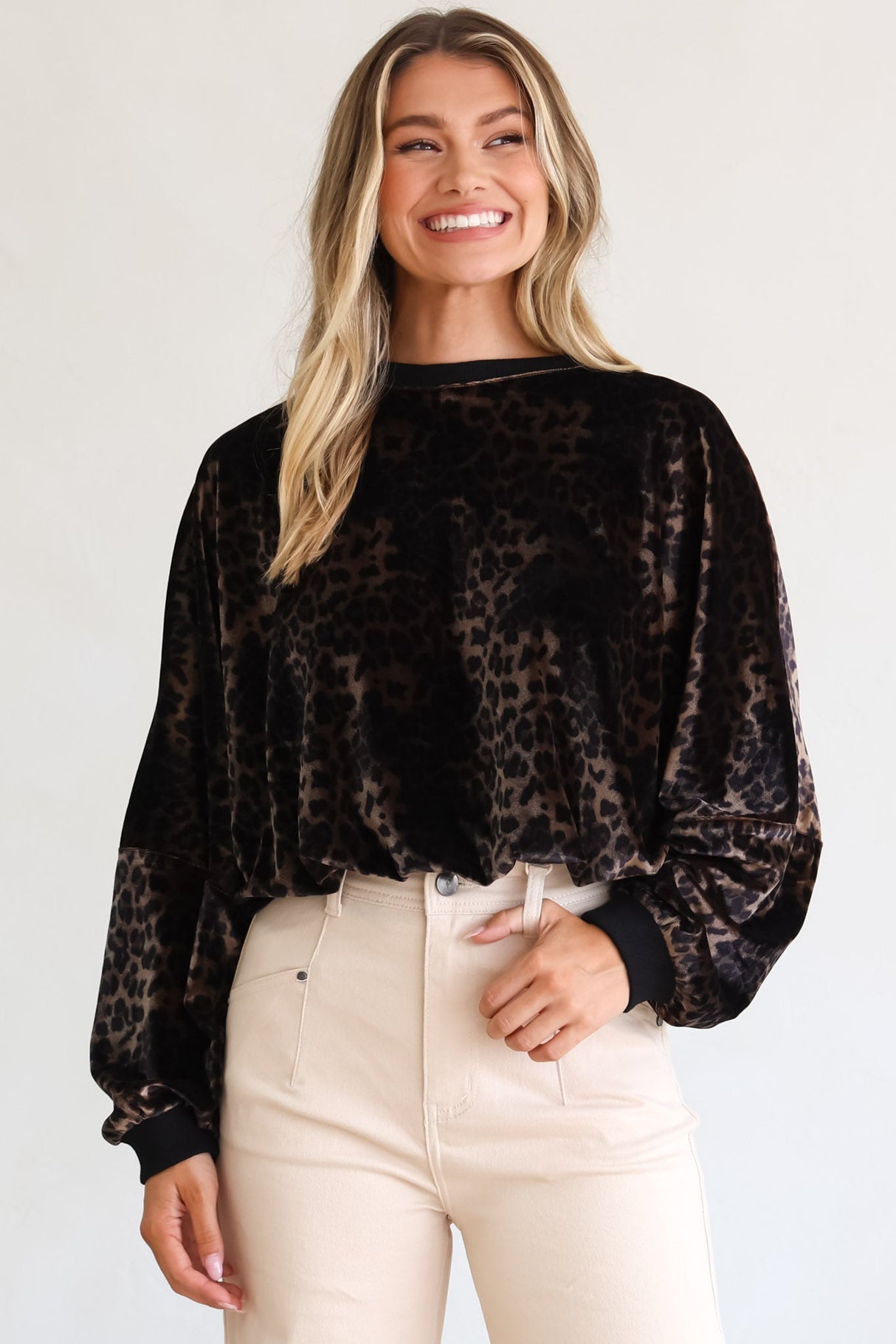 Wylder Jumper - Crew Neck Velvet Elasticated Hem Crop Jumper in Leopard Print