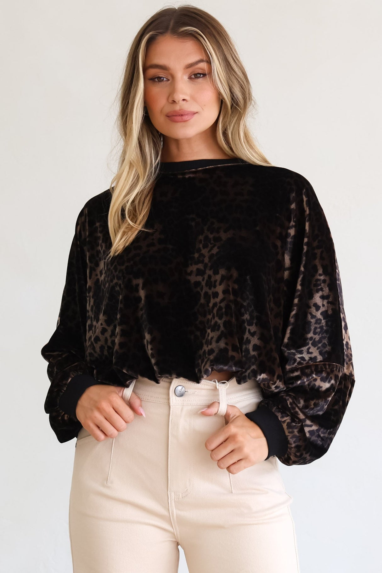 Wylder Jumper - Crew Neck Velvet Elasticated Hem Crop Jumper in Leopard Print