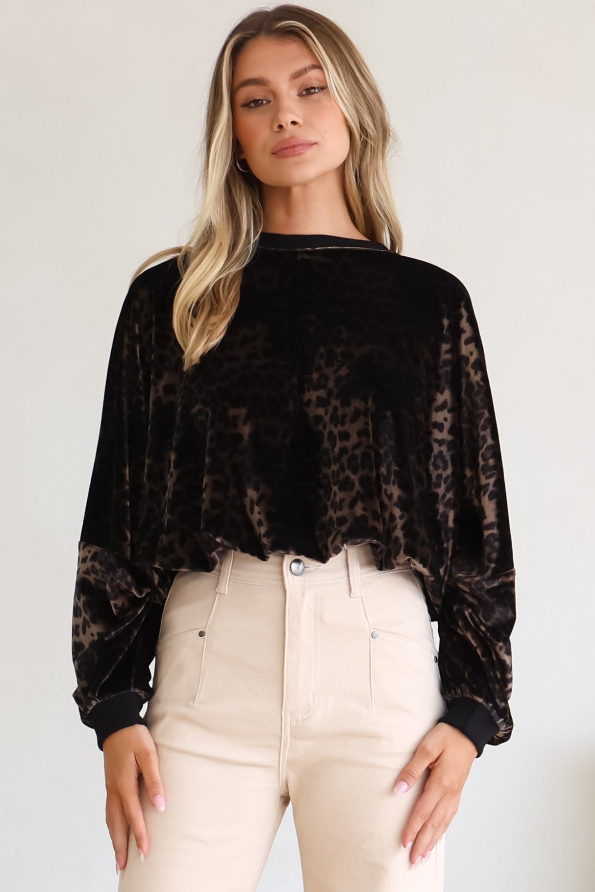 Wylder Jumper - Crew Neck Velvet Elasticated Hem Crop Jumper in Leopard Print