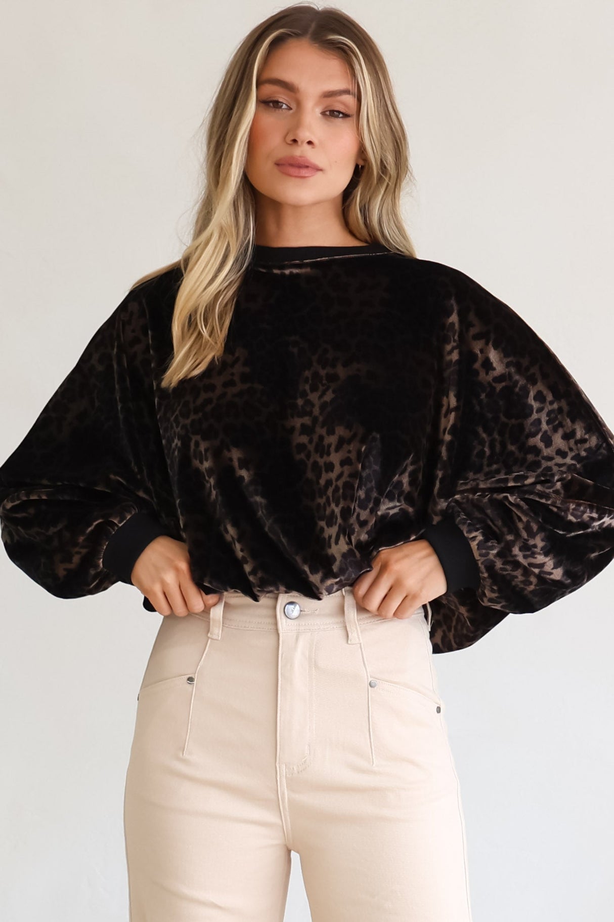 Wylder Jumper - Crew Neck Velvet Elasticated Hem Crop Jumper in Leopard Print