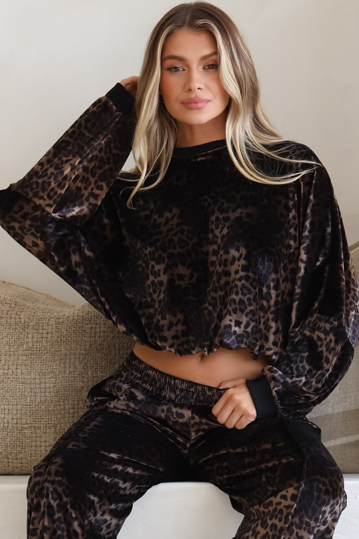 Wylder Jumper - Crew Neck Velvet Elasticated Hem Crop Jumper in Leopard Print