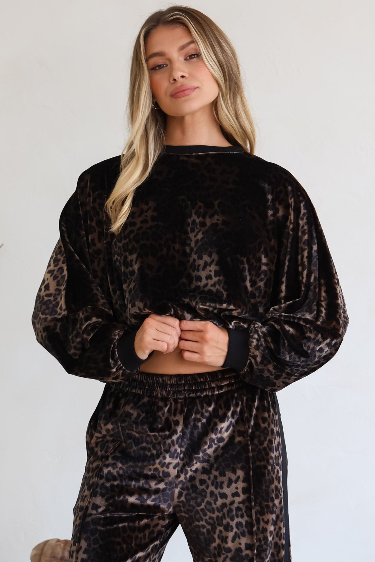 Wylder Jumper - Crew Neck Velvet Elasticated Hem Crop Jumper in Leopard Print