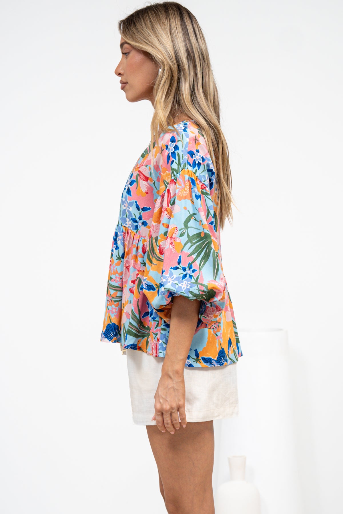 Wynter Top - Soft V Neck Peplum Top with Balloon Sleeves in Angelitta Print