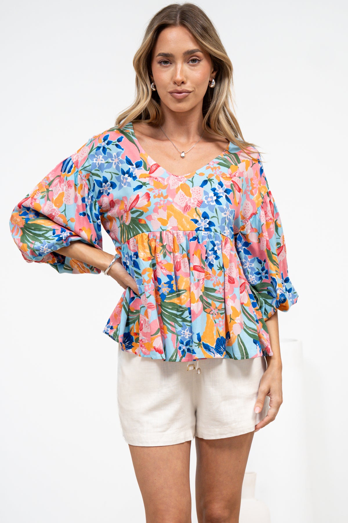 Wynter Top - Soft V Neck Peplum Top with Balloon Sleeves in Angelitta Print