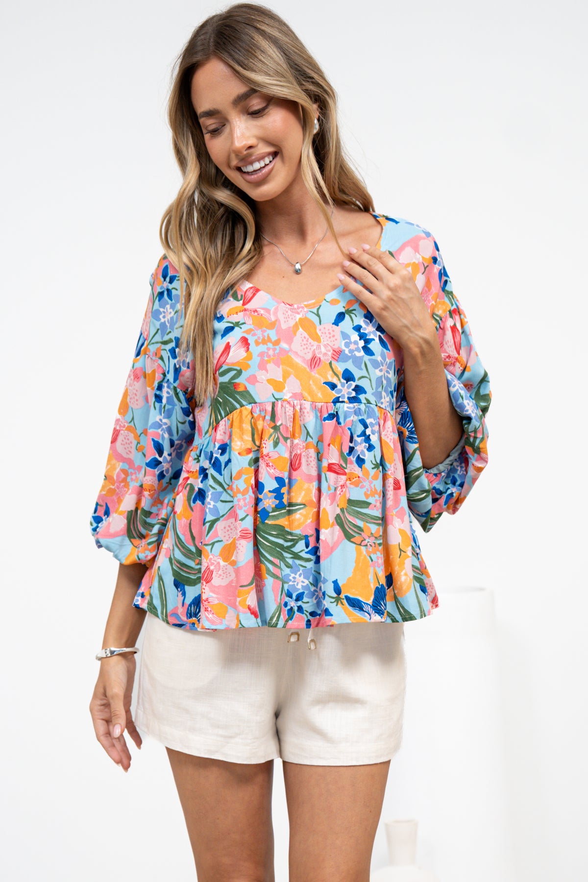 Wynter Top - Soft V Neck Peplum Top with Balloon Sleeves in Angelitta Print