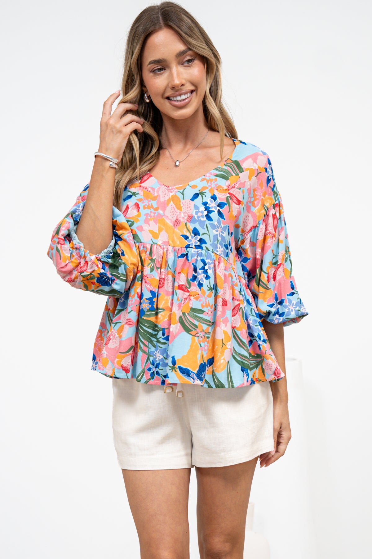 Wynter Top - Soft V Neck Peplum Top with Balloon Sleeves in Angelitta Print