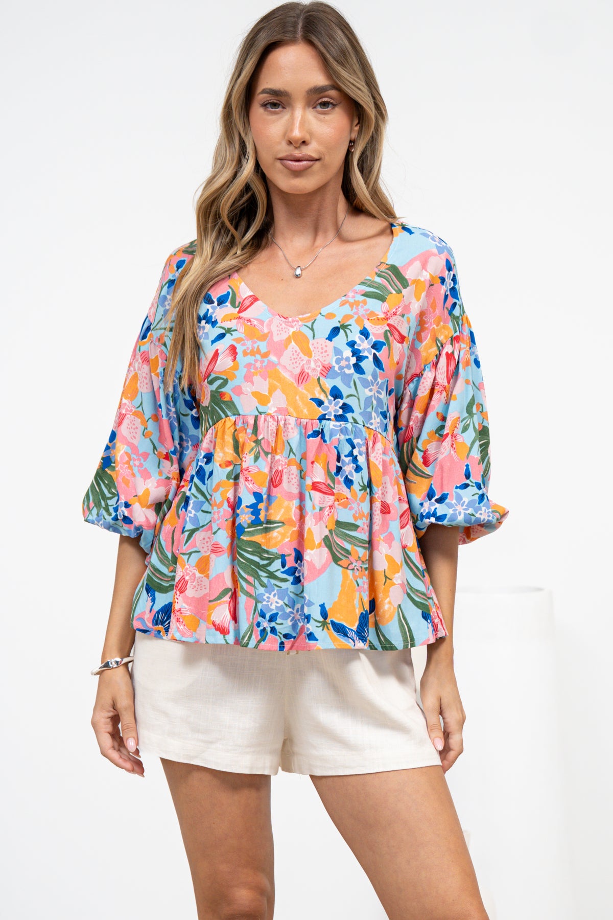 Wynter Top - Soft V Neck Peplum Top with Balloon Sleeves in Angelitta Print