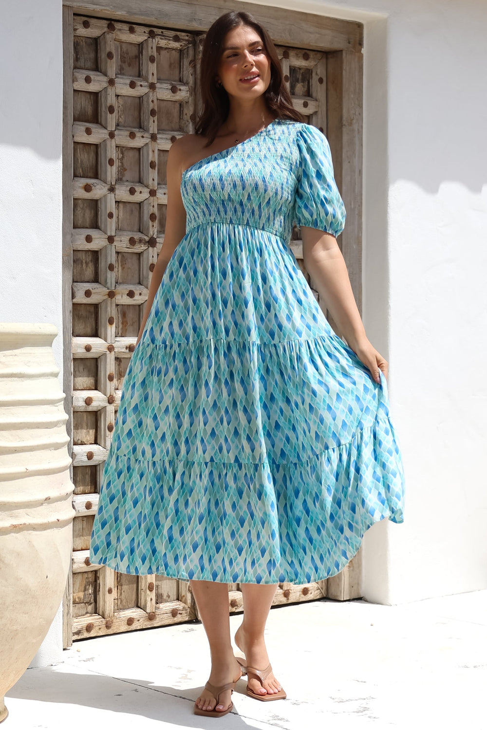 Xanthi Midi Dress - One Shoulder Elasticated Bodice Tiered Dress in Pasha Print