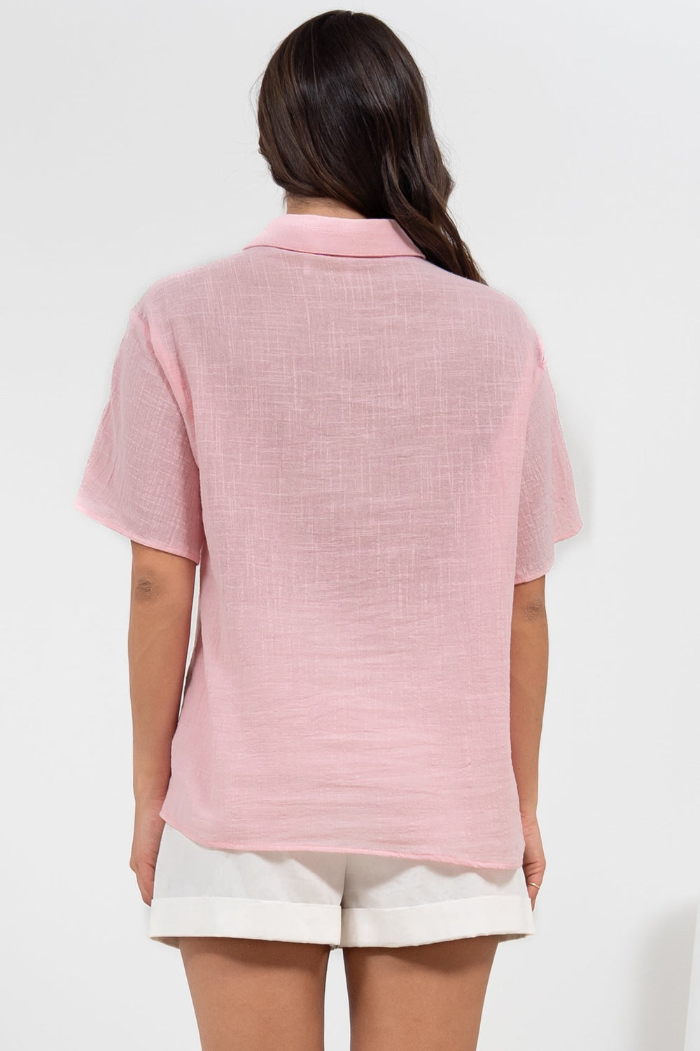 Xara Shirt - Collared Button Down with Lace Detailing in Pink