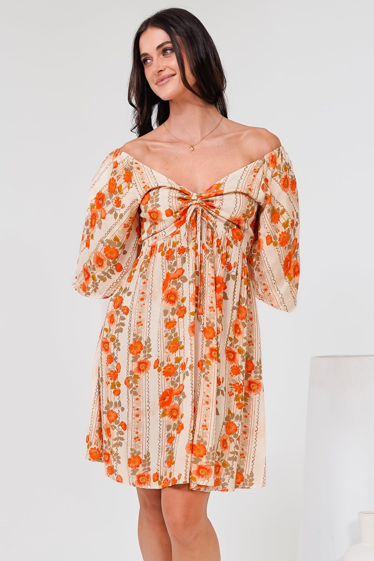 Yanna Mini Dress - On or Off Shoulder A Line Dress with Elasticated Back in Vondrosa Print
