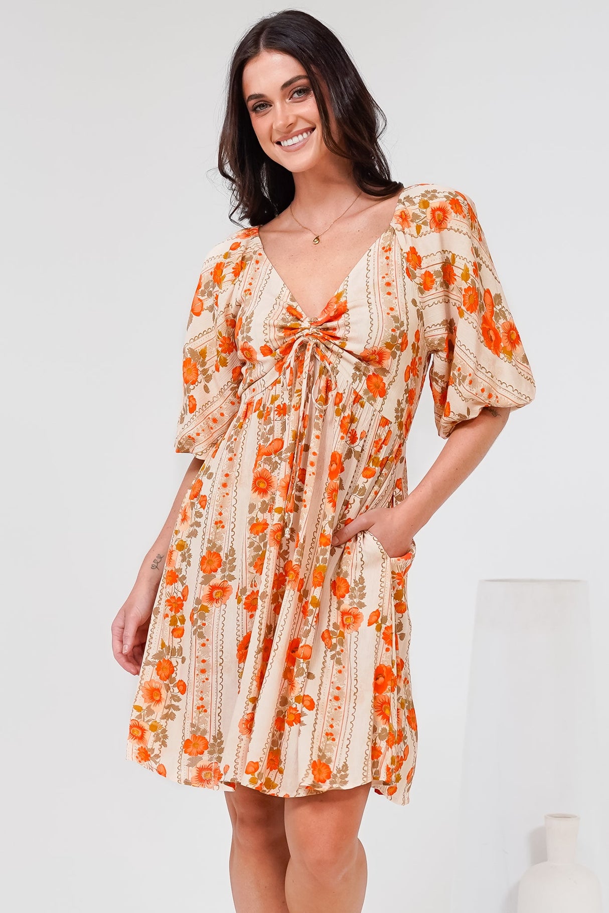 Yanna Mini Dress - On or Off Shoulder A Line Dress with Elasticated Back in Vondrosa Print