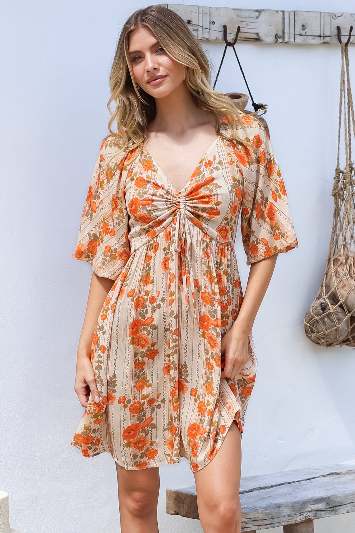 Model wearing Yanna Mini Dress in Vondrosa Print from Salty Crush